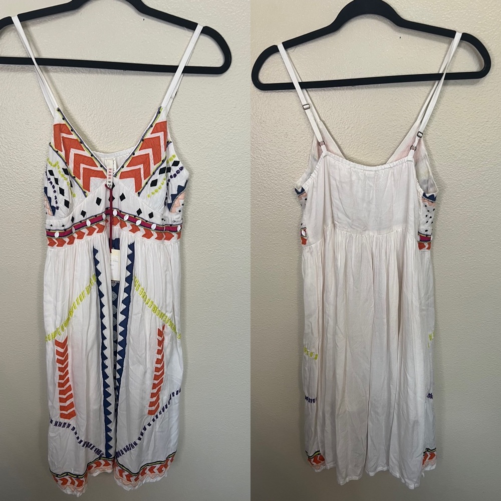 RAGA White Spaghetti-Strap Mini Dress with Orange, Navy & Yellow Embroidery